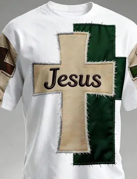 Camiseta de hombre con estampado de cruz vintage de retazos, colores vibrantes, ajuste cómodo, diseño de cruz y fe en Jesús, cuello redondo acogedo - Shein - FashionsVida