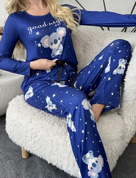 Conjunto de pijama de mujer con estampado de koalas y estrellas, con top de manga larga y pantalones, detalles acogedores y elegantes, ropa de otoño - Shein - FashionsVida