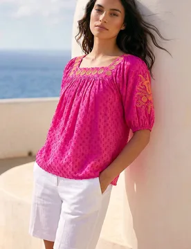 Women's Embroidered Textured Top in Cerise Size: 16 - Cerise - Size: 16 - Roman - FashionsVida