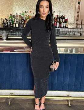 Women's Black Sparkly Long Sleeve Ruched Bodycon Midi Dress Size: 14 - Black - Size: 14 - AX Paris - FashionsVida
