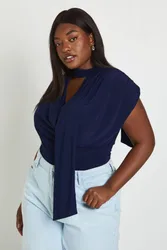 Womens Plus Double Layer Slinky Scarf Detail Ruched Shoulder Bodysuit - Navy - Size 16 Uk