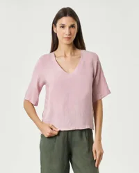 Blusa a mezze maniche rosa in puro lino con scollo a V e spacchetti laterali