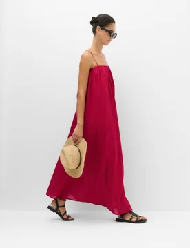 Pure Cotton Volume Bandeau Maxi Beach Dress Dark Red female - M&S - FashionsVida