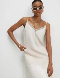Satin V-Neck Lace Trim Cami Top Beige female