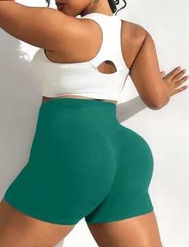 Shorts deportivos casuales de fitness de unicolor para mujer talla grande, shorts de yoga elásticos, diseño de cintura alta con control de abdomen p - Shein - FashionsVida