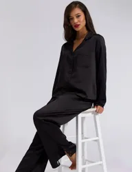 Amelia Satin Lace Trim Pyjama Set Black female
