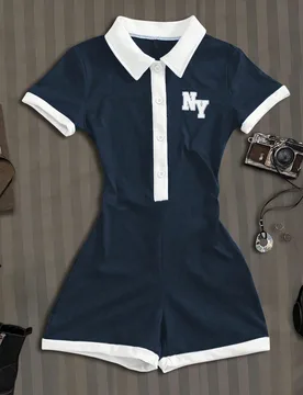 Mono de cuello polo de contraste marrón y blanco, estilo ajustado retro universitario, adecuado para uso diario y citas - Shein - FashionsVida