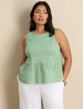 Cotton Rich Gingham Round Neck Peplum Top Green Mix female - Live Unlimited London - FashionsVida