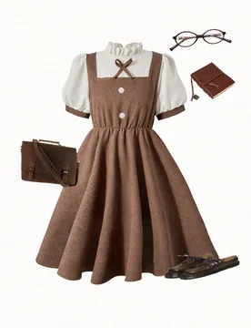 Vestido de princesa retro 2 en 1 marrón para niñas, vestido de verano blanco a juego con lentejuelas para vacaciones familiares, vestido de línea A - Shein - FashionsVida