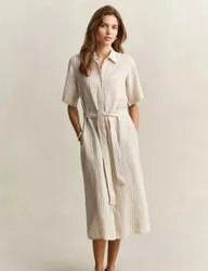 Pure Linen Striped Midi Shirt Dress Beige female