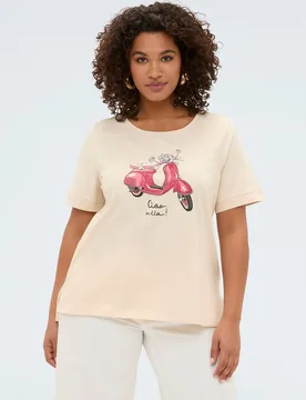 Camiseta de mujer de algodón con estampado estampado con aplicaciones y letras - Fiorella Rubino - FashionsVida