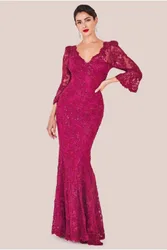 Scalloped Lace Maxi Dress - Wine - Size: 10
