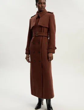 Women's Wool Pu Mix Tailored Belted Trench Maxi Coat in Toffee Size: 16 - Toffee - Size: 16 - Karen millen - FashionsVida