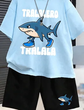 Set de camiseta de manga corta y pantalón de chándal para niños, con estampado de tiburón azul de dibujos animados TRALALA, regalo perfecto para e - Shein - FashionsVida