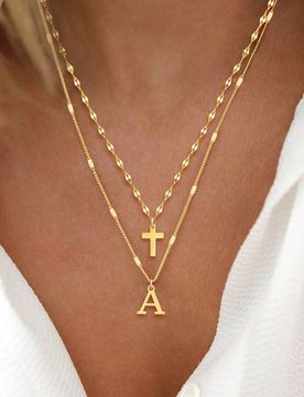 Piezas Conjunto de collar con colgante de cruz de letra retro minimalista, collar de cadena con labios dorados, collar multicapa de acero inoxidable p