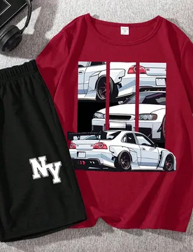 Conjunto de 2 piezas de camiseta de manga corta con cuello redondo y gráfico de coche, y pantalones cortos informales para niños preadolescentes, ad - Shein - FashionsVida