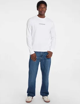 T-shirt manica lunga Jeans bianca in cotone con logo ricamato sul petto - Guess - FashionsVida