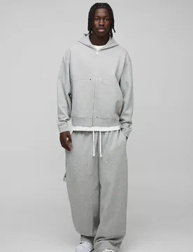 Herren Oversized Boxy Carpenter Durchgehend Reißverschluss Kapuzen-Trainingsanzug Grey Marl Größe Small - boohooMAN - FashionsVida