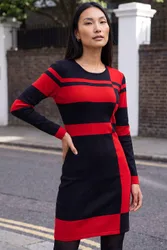 Women's Colour Block Knitted Dress in Red Size: 20 - Red - Size: 20