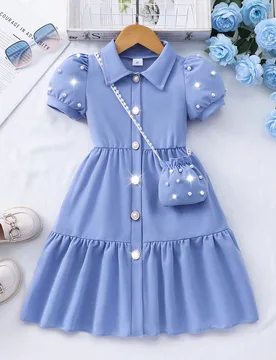 Vestido de verano lindo con bolso mini, de unicolor, con cuello y mangas abullonadas para niña - Shein - FashionsVida
