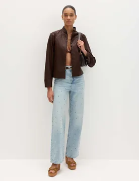 Relaxed High Waisted Gem Embellished Straight Leg Jeans Light Indigo female - M&S - FashionsVida