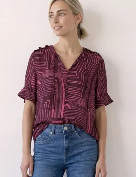 Kurzarm Bluse mit Split Neck und Print female Pink