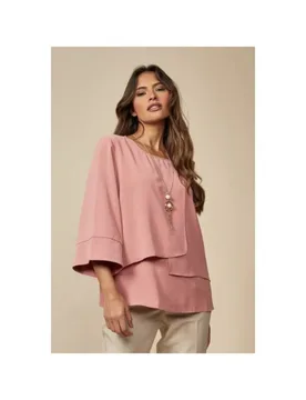 Women's Oversized Layered Blouse with 3/4 Sleeve & Necklace in Pink Size: 8-10 - Pink - Size: 8-10 - HOXTON GAL - FashionsVida
