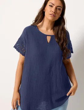 Women's Cheesecloth Crochet Top in Dark Navy Size: 16 - Dark Navy - Size: 16 - Yours - FashionsVida