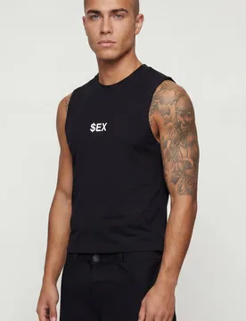 Men's Shrunken Boxy Sex Slogan Tank Black Size Large Black L - boohooMAN - FashionsVida