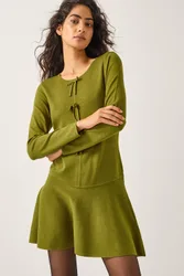 Bayle Bow Knit Mini Dress Green - Green - Size: 14