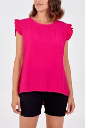 Button Back Frill Shoulder Top - M/L / PINK - female