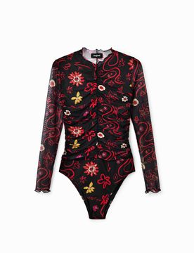 Body tulle fronces fleurs, Polyester, Noir, XS