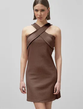 Women's Cross Front Halter Neck dress in Brown Size: 18 - Brown - Size: 18 - Enorsia - FashionsVida