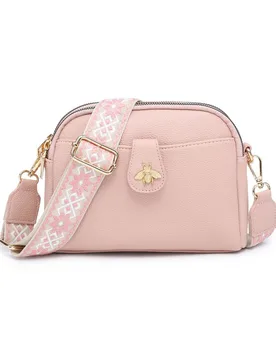 Bee Badge Two Zipped Sections Canvas Strap Cross Body Bag - Pink - Size: One Size - JFY - FashionsVida