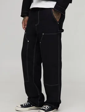 Mens Tall Canvas Relaxed Fit Worker Trousers - Black Cotton - Size 32r - boohooMAN - FashionsVida