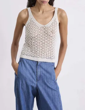 Top scollo a V color sabbia in cordonetto di cotone e lurex effetto crochet - Marella - FashionsVida