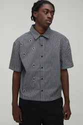 Herren Übergroßes Kastenförmiges Hemd Mit Ösen-Detail Und Mikrokaro Black Größe Small