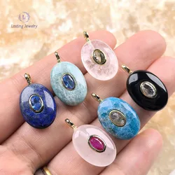 X18mm Oval Gemstone Crystal With Inlaid Zircon Charms,Apatite Lapis Rose Quartz Obsidian Pendants For Necklace Jewelry Making