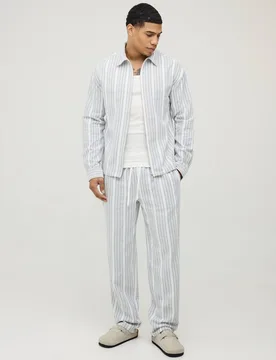 Men's Woven Stripe Regular Zip Up Long Sleeve Shirt & Straight Fit Trouser Set Navy Size Large Navy L - boohooMAN - FashionsVida