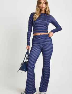 Womens Super Soft Stripe Long Sleeve Top & Fold Over Flare - Navy - Size 10 Uk - Boohoo - FashionsVida