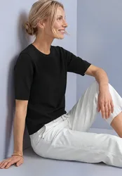 Kurzarm Pullover mit Rundhals in Unifarbe female Schwarz