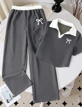 Conjunto de camiseta casual de polo de manga corta con estampado de lazo y pantalones para niñas preadolescentes - Shein - FashionsVida
