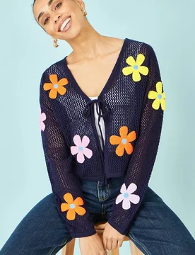 Women's Navy Tie Front Cardigan Sweater With Flower Design Size: Large - Navy - Size: L - Yumi - FashionsVida