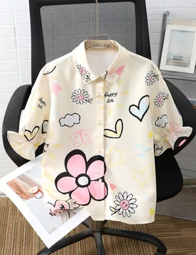 Camisa dulce de moda de estampado floral holgada y cómoda con cuello polo para niñas preadolescentes - Shein - FashionsVida