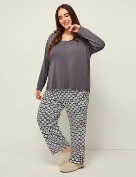 Conjunto de pijama de descanso para mujer talla grande, camiseta larga básica de algodón suave color púrpura y pantalones estampados con bolsillos, - Shein - FashionsVida