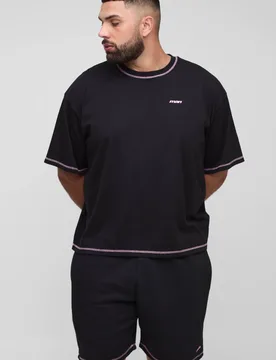 Men's Plus Official Man Contrast Stitch Oversized Boxy T-Shirt & Relaxed Jersey Short Set Black Size 4X-Large Black 4XL - boohooMAN - FashionsVida