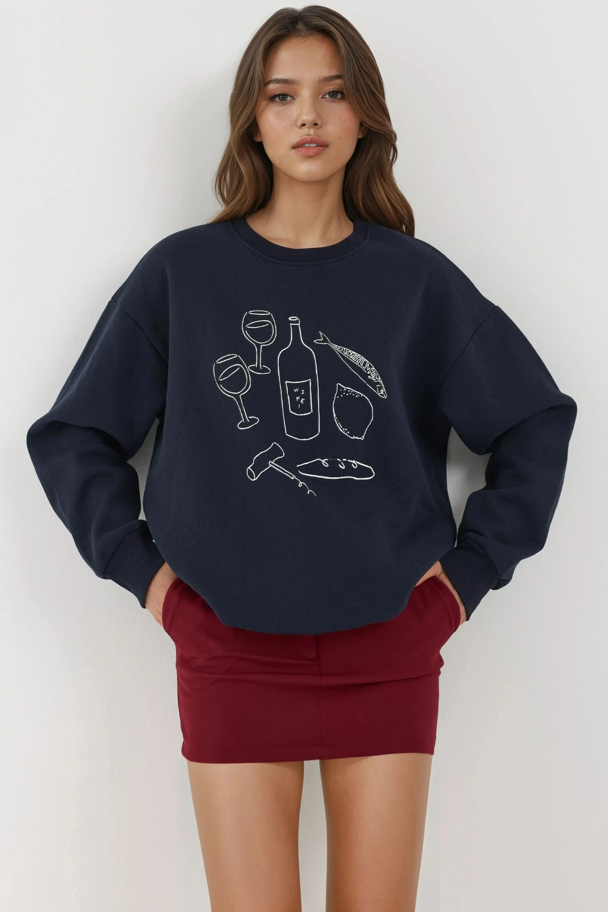 Womens Printed Crew Neck Sweatshirt - Dark Blue - Size Medium - Hiccup - FashionsVida