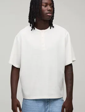 Men's Relaxed Fit Waffle Henley T-Shirt Ecru Size X-Large Ecru XL - boohooMAN - FashionsVida