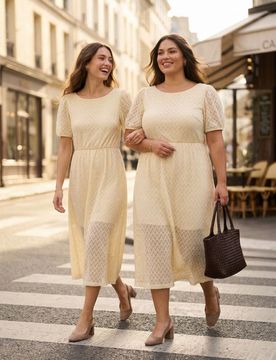 Abito midi in maglia con motivo traforato e filo metallizzato - nude