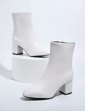 Botas de tobillo blancas para mujer de otoño/invierno - Botas de tobillo con tacón de bloque de punta cerrada con cremallera lateral, botas de tobil - Shein - FashionsVida